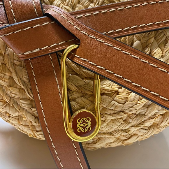 Loewe Gate Cognac Tan Leather Brown Woven Raffia Top Handle Bag Spain - Picture 5 of 9